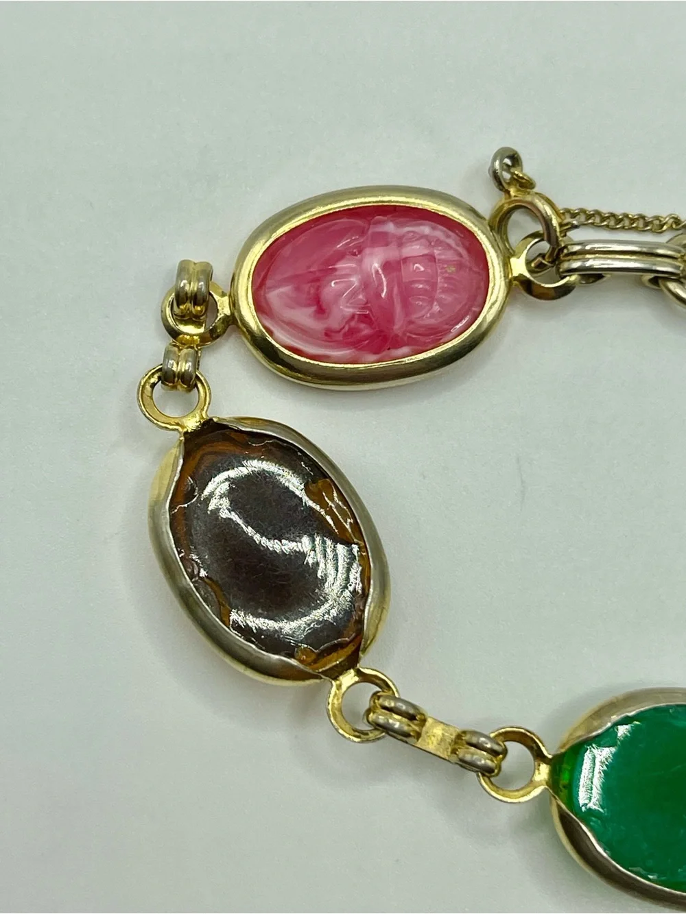 Multi-Color Scarab Link Bracelet - Gold Tone Accent Acrylic Plastic